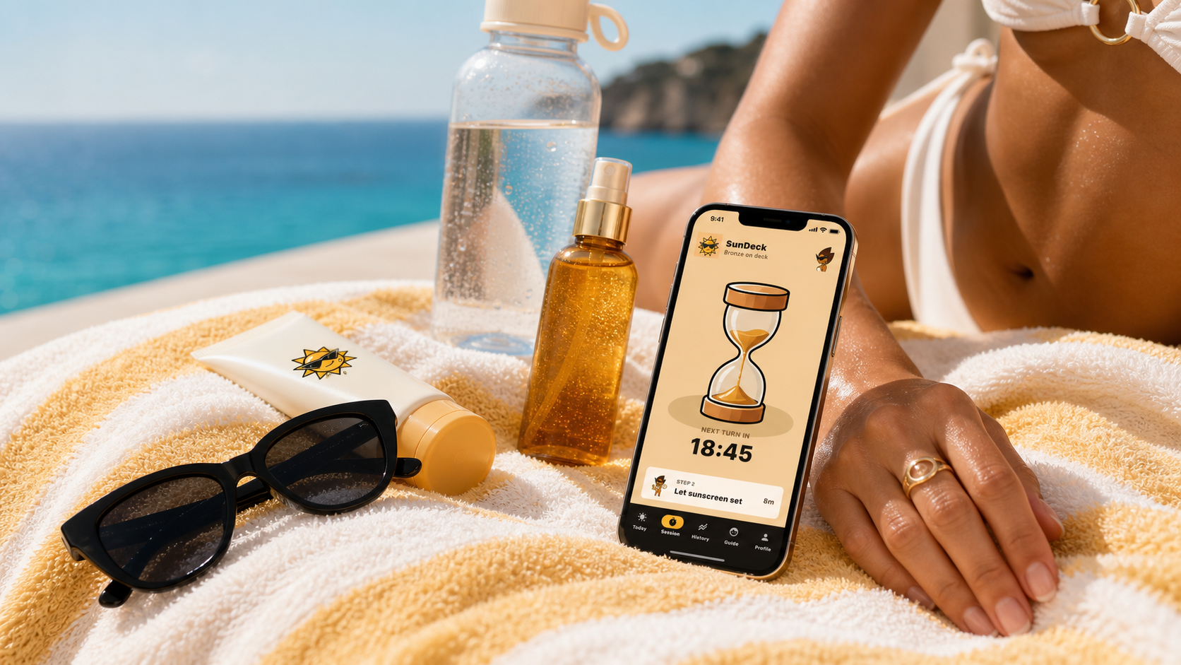 SunDeck app timer with outdoor tanning items